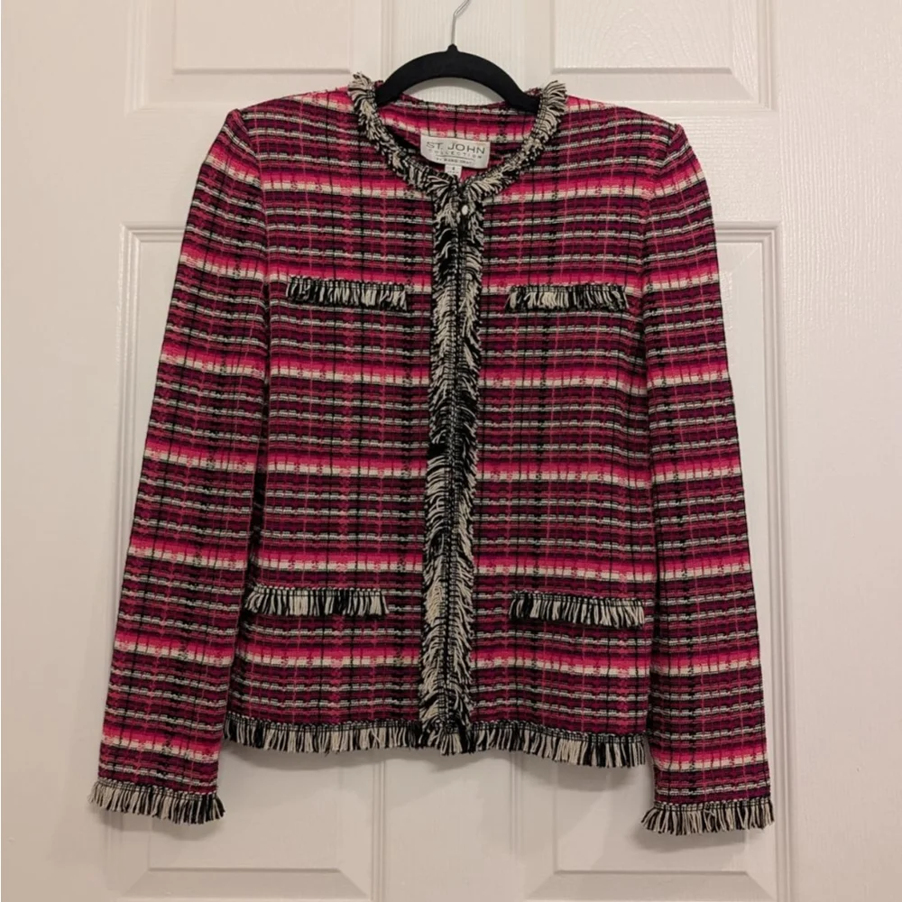 St. John Collection Knit Tweed Jacket Old Money Fringed Trim Chic Cardigan Sz 4 - Picture 2 of 9